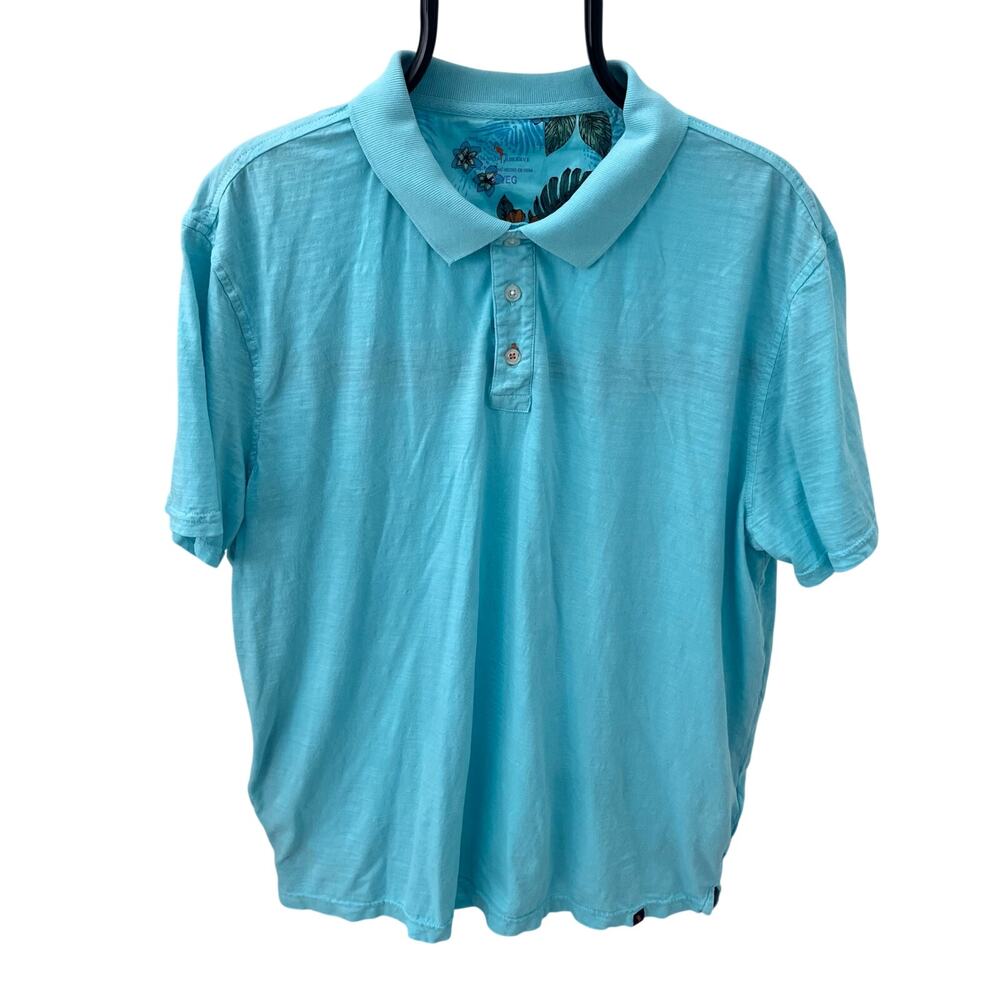 Margaritaville Mens XL Polo Shirt Light Blue Tropical Floral Lining Short Sleeve